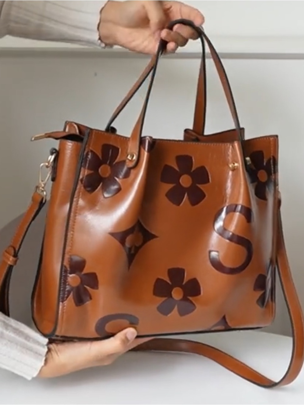 Designer-Inspired Brown Faux Leather Floral Tote Bag with Removable Strap